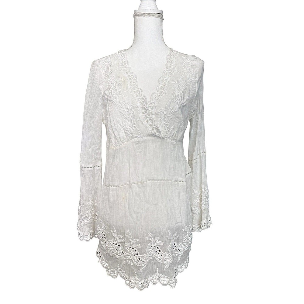 Boston Proper White Cotton Gauze Eyelet Embroidered Boho Tunic Cover Up Size S
